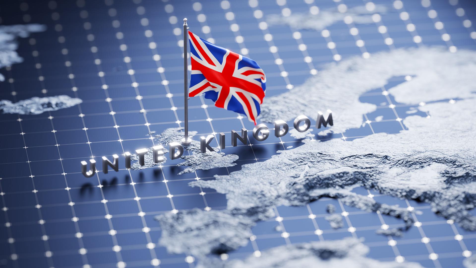 Flag of United Kingdom waving on pole on the 3d topographic map surface and abstract background with a grid