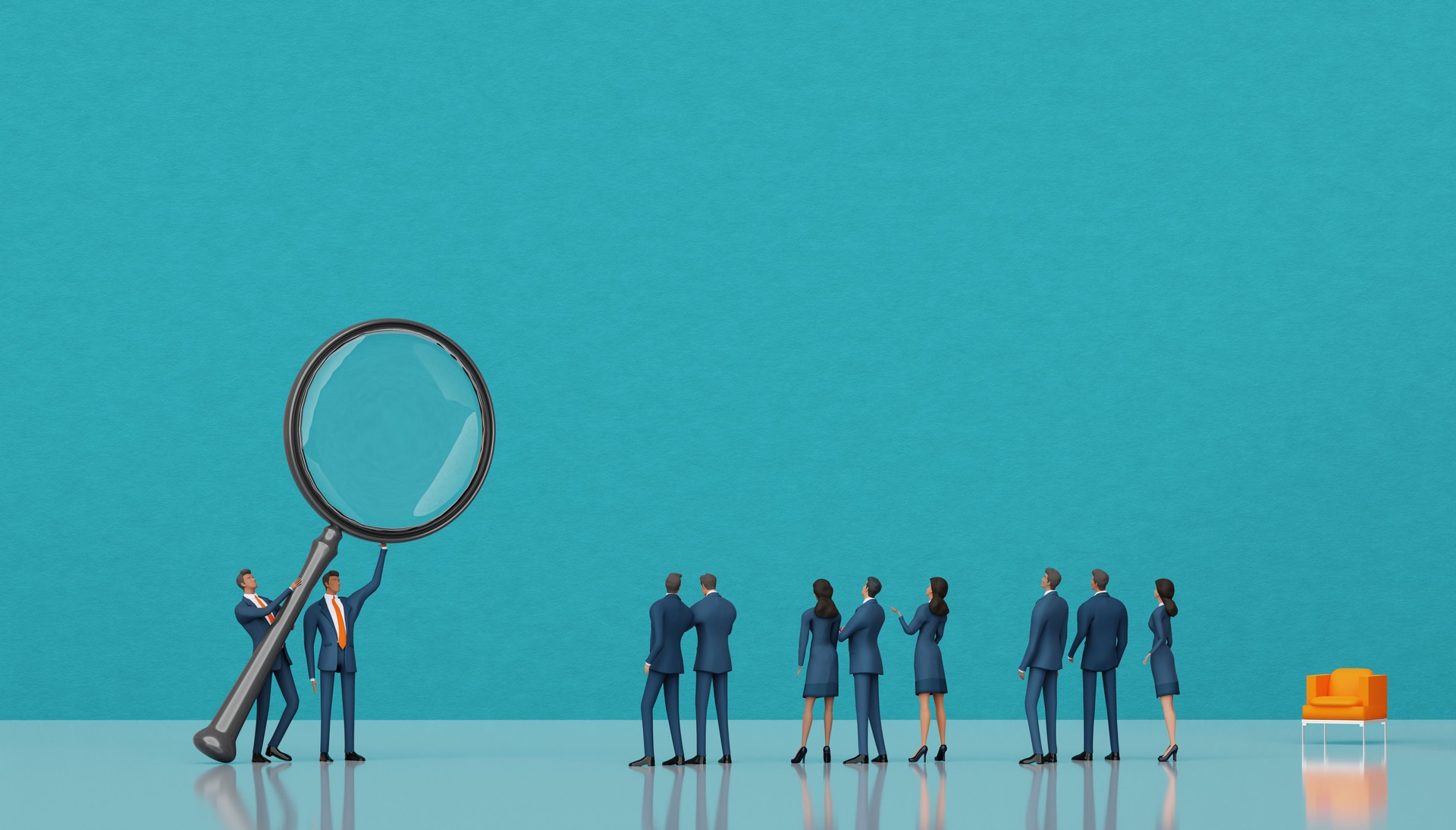 Business people Introducing magnifying glass to the Team of professional people. Searching, analysing, data, startup  concept  concept 3D rendering
